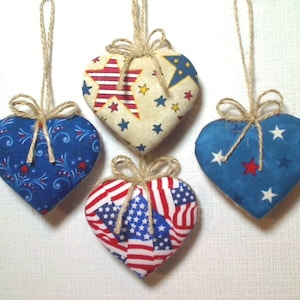 Americana Heart Ornaments Patriotic Decor July 4th Fabric Heart Party Favors Red White & Blue Handmade Tree Ornament Set/4 2 image 3