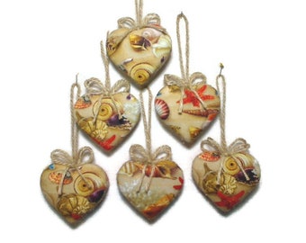 Small Nautical Hearts | Nautical Decor | Tree Ornament |Beach house decor | Summer Decor| Ocean Lakeside | Seashells/Sand | Set/6 |#2