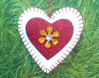 White/Cranberry Felt Heart | Tree Ornament | Christmas | Party Favor | Handmade | Gift Idea | Wreath Accent | Heart Decor | #2