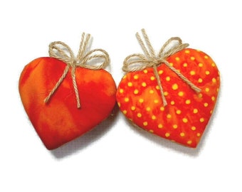 Batik Orange Heart Ornament | Easter Decor | Party Favor | Tree Ornament | Handmade Gift | Fabric Heart | Folk Art | Set/2 |#2