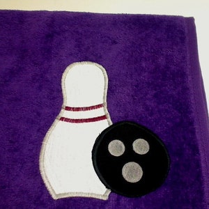 Purple Bowling Sport Towel Team Sports Appliqued bowling pin / ball Party Favor Gift for Her or Him Christmas/Birthday Gift Idea image 3