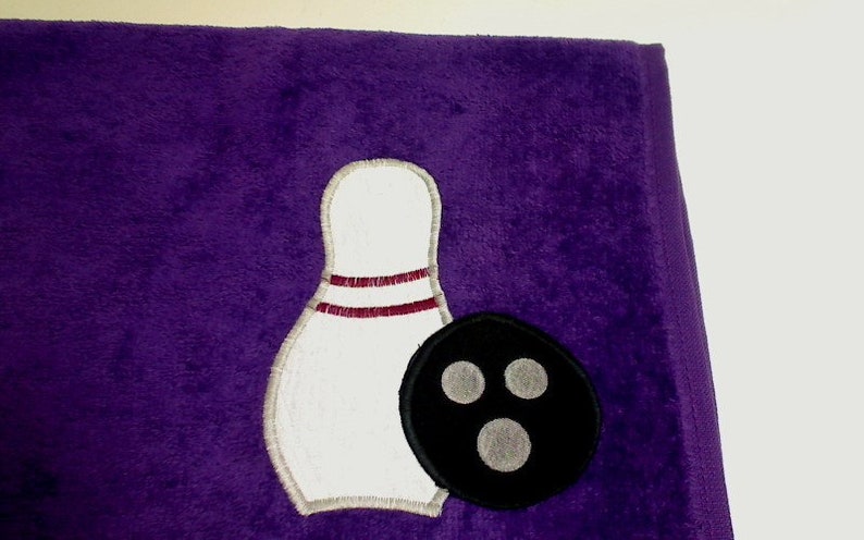 Purple Bowling Sport Towel Team Sports Appliqued bowling pin / ball Party Favor Gift for Her or Him Christmas/Birthday Gift Idea image 3