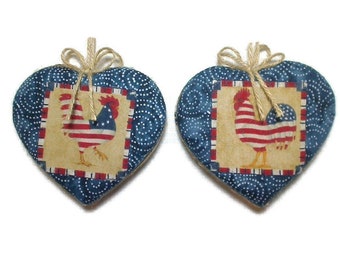 Large Americana Heart Ornaments | Americana Rooster | Patriotic Decor | Red White & Blue |Tree Ornament | July 4th | Farm Decor | Set/2 |#4