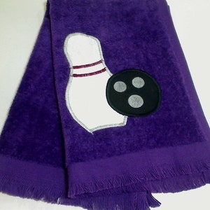 Purple Bowling Sport Towel Team Sports Appliqued bowling pin / ball Party Favor Gift for Her or Him Christmas/Birthday Gift Idea image 4