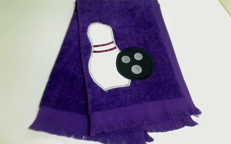 Purple Bowling Sport Towel Team Sports Appliqued bowling pin / ball Party Favor Gift for Her or Him Christmas/Birthday Gift Idea image 4