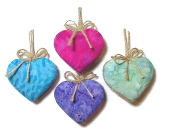 Batik  Heart Ornaments | Home Decor |Party Favors | Tree Ornament | Handmade Gift | Christmas Ornament | Birthday | Folk Art | Set/4 | #1