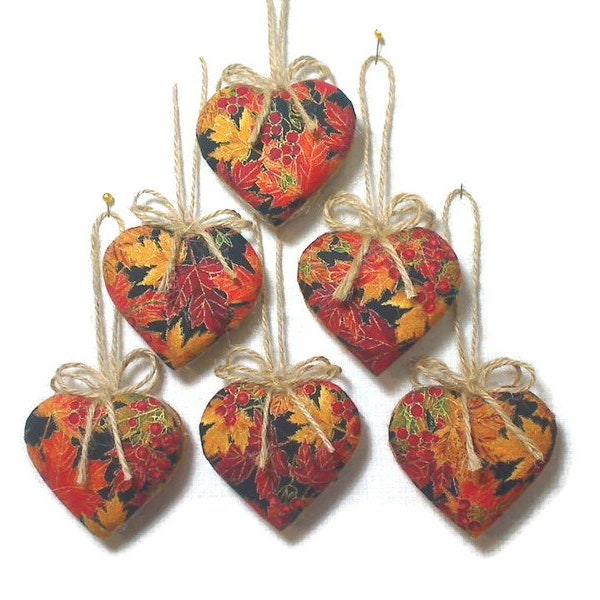 Small Fall Heart Ornaments | Party Favors | Thanksgiving Decorations | Tree Ornaments | Fabric Hearts | Set/6 | #2