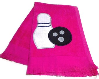 Bright Pink Bowling Sport Towel | Team Sports | Appliqued Pin and Ball | Bowling Party Favor | Gift for Him or Her