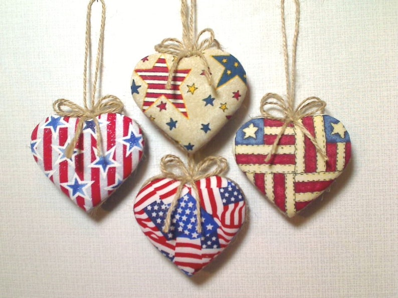 Americana Heart Ornaments Patriotic Decor July 4th Fabric Heart Party Favors Red White & Blue Handmade Tree Ornament Set/4 2 image 5