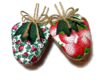 Small Print/Red Strawberry Ornaments | Rustic Country | Party Favors | Tree Ornament | Farmhouse Decor  | Gift Idea | Set/2 | #2