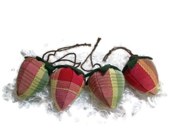 Red Plaid  (Size 1-A) Strawberry Ornament | Party Favors | Tree Ornament | Summer Decor | Farmhouse Decor | Bowl Fillers | Set/4 | #1