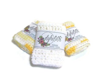 Set of 3 100% Hand Crocheted Dish or Wash cloths | Yellow and white | Gift for Bridal Shower | Birthday Gift | Springtime Trends | #3