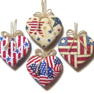 Americana Heart Ornaments Patriotic Decor July 4th Fabric Heart Party Favors Red White & Blue Handmade Tree Ornament Set/4 2 image 1