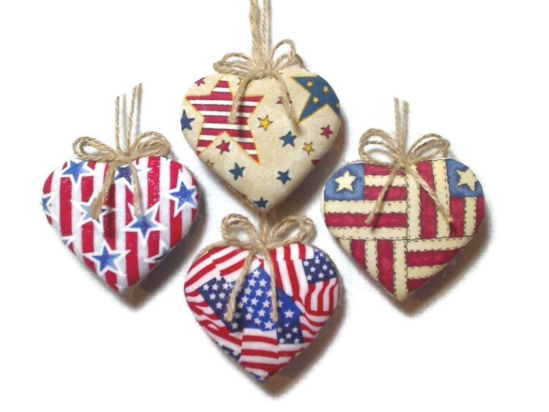 Americana Heart Ornaments Patriotic Decor July 4th Fabric Heart Party Favors Red White & Blue Handmade Tree Ornament Set/4 2 image 1