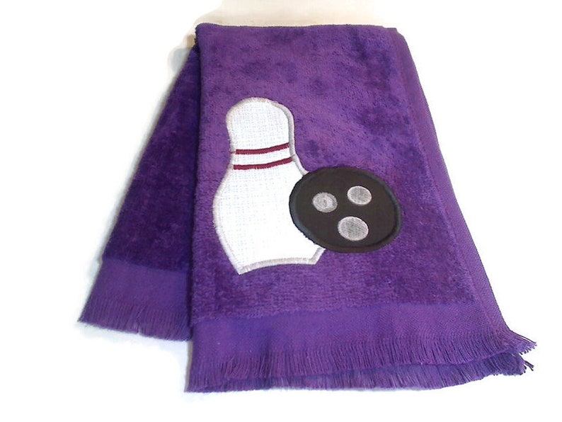 Purple Bowling Sport Towel Team Sports Appliqued bowling pin / ball Party Favor Gift for Her or Him Christmas/Birthday Gift Idea 画像 1
