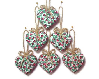 Strawberry Heart Small Ornaments | Summer Decor | Gift Idea | Party Favor | Farmhouse Decor | Package Tie On | Fabric Ornaments | Set/6 | #1