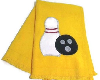 Golden Yellow Bowling Sport Towel | Team Sports | Appliqued Pin and Ball | Bowling Party Favor | Gift for Him or Her