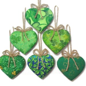 Green Heart Ornaments | Party Favors | Spring Decor | Irish Decor | Tree Ornament | Folk Art | Handmade Gift | Fabric ornament |Set/6 | #2