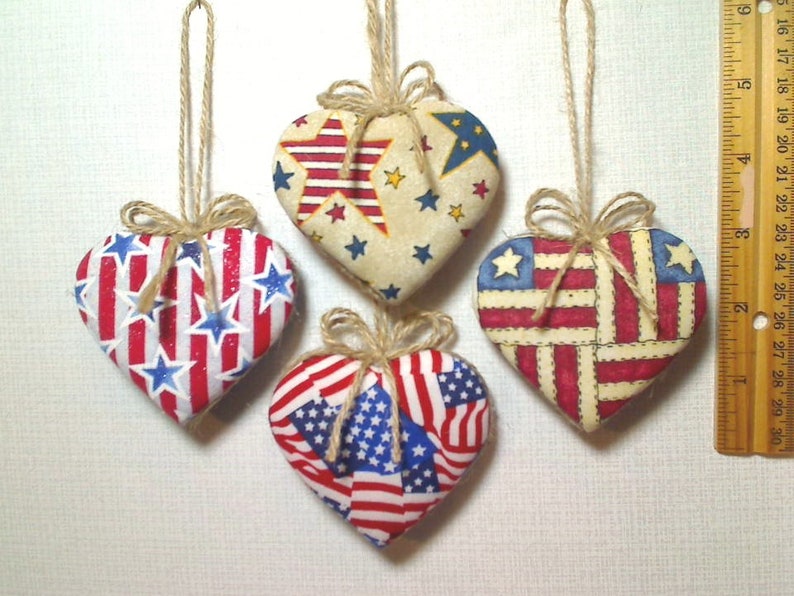 Americana Heart Ornaments Patriotic Decor July 4th Fabric Heart Party Favors Red White & Blue Handmade Tree Ornament Set/4 2 image 7