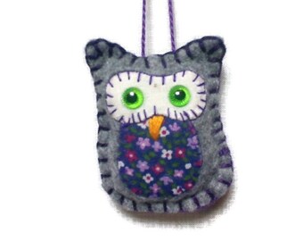 Miniature Gray/Purple Felt Owl Ornament | Tree Ornament | Party Favor | Package Tie On | Bird Felt Ornament | Spring/Easter Decoration |#2