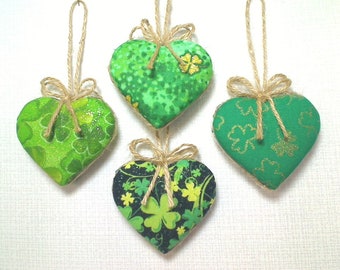 Small Green Heart Ornaments | Party Favors | Easter and Spring Decor | Tree Ornament | Fabric Hearts | St Patrick's Day | Set/4 |#1