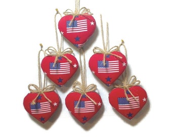 Small Americana Heart Ornaments | Party Favors | Patriotic Decor | Fabric Hearts | Handmade Gift | July 4th | Tree Ornament | Set/6 | #4