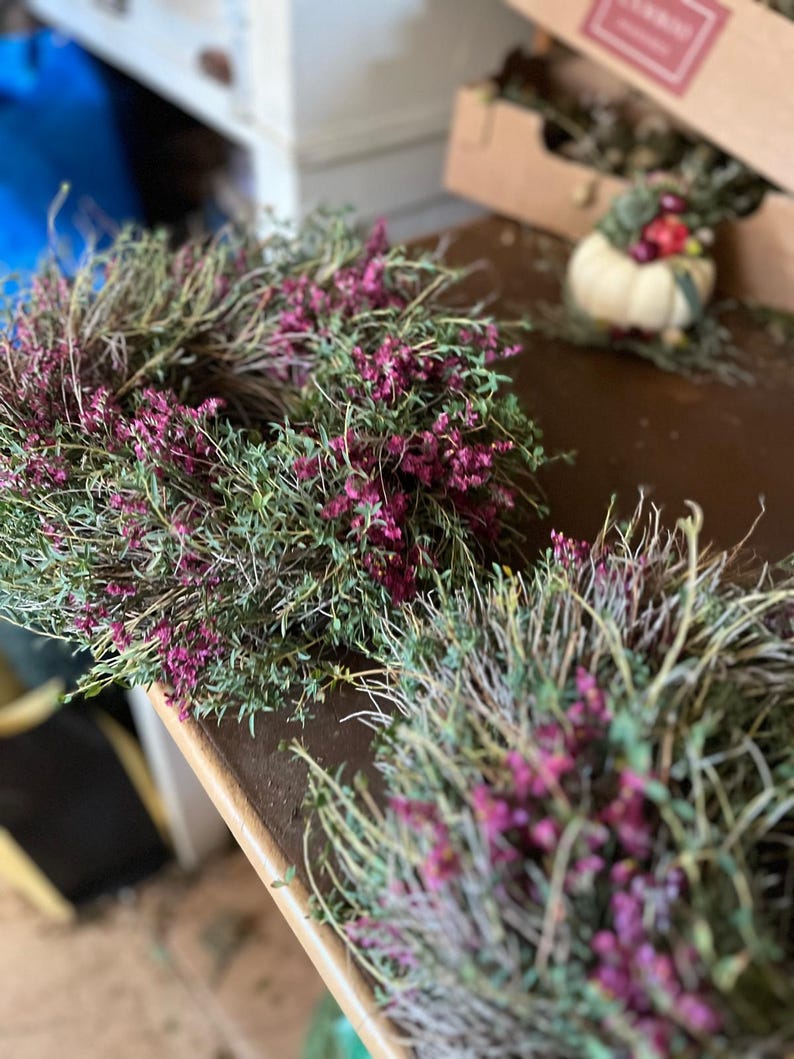 K&ouml;nnte beinhalten: Ein kreisf&ouml;rmiger Kranz aus getrockneten gr&uuml;nen Stielen und kleinen, leuchtend magentafarbenen Bl&uuml;ten. Der Kranz zeichnet sich durch eine dichte, strukturierte Anordnung nat&uuml;rlicher botanischer Elemente aus, die eine organische Komposition bilden.
