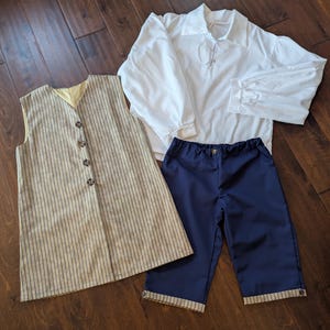 Boy&#39;s Williamsburg Colonial 18th century 3 pc Costume Size 3 to 14 Waistcoat Vest Breeches Knickers Shirt outfit multiple colors available