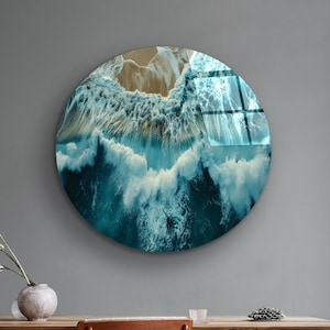 Home Glass Wall Decor, Ocean Round Glass Art, Sea Wave Tempered Glass Decor, Sea Foam Wall Art, Office Wall Decor, New Home Gift
