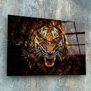 Tiger Glass Art, Animal Glass Art, Man Cave Wall Decoration, Wild Tiger Wall Decor, Office Wall Decor, Abstract Tiger Glass Wall Art
