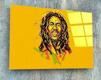Decoración de vidrio templado de Bob Marley, decoración de vidrio amarillo, regalos para fanáticos de la música, decoración de pared amarilla, regalos para fanáticos de Bob, decoración de habitación colorida, arte en vidrio