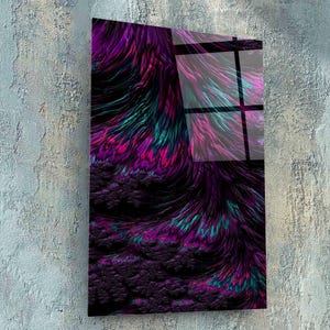 May include: Abstract art print featuring a vibrant display of colors. The artwork showcases a blend of purple, magenta, and teal hues, creating a dynamic and textured visual effect. The piece is mounted on a wall, adding a modern touch to the space.