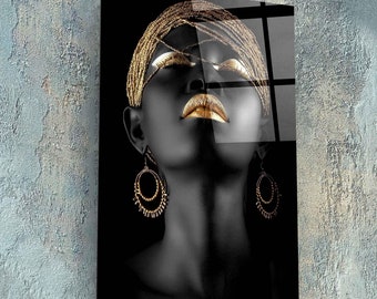 African Woman Glass Wall Art, Black Gold Woman Tempered Glass Wall Decor, Shop Wall Decor, Teenage Girl Wall Decor, Ready to Hang