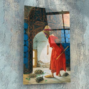 May include: A man in a red robe and a turban stands in a doorway with intricate tilework. He is looking down at four turtles on the floor. The turtles are brown and green with black markings.