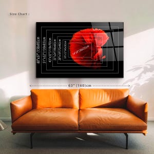 May include: Size chart for a red betta fish print on a black background. The chart shows the different sizes available, ranging from 14 inches by 9 inches to 60 inches by 37 inches.