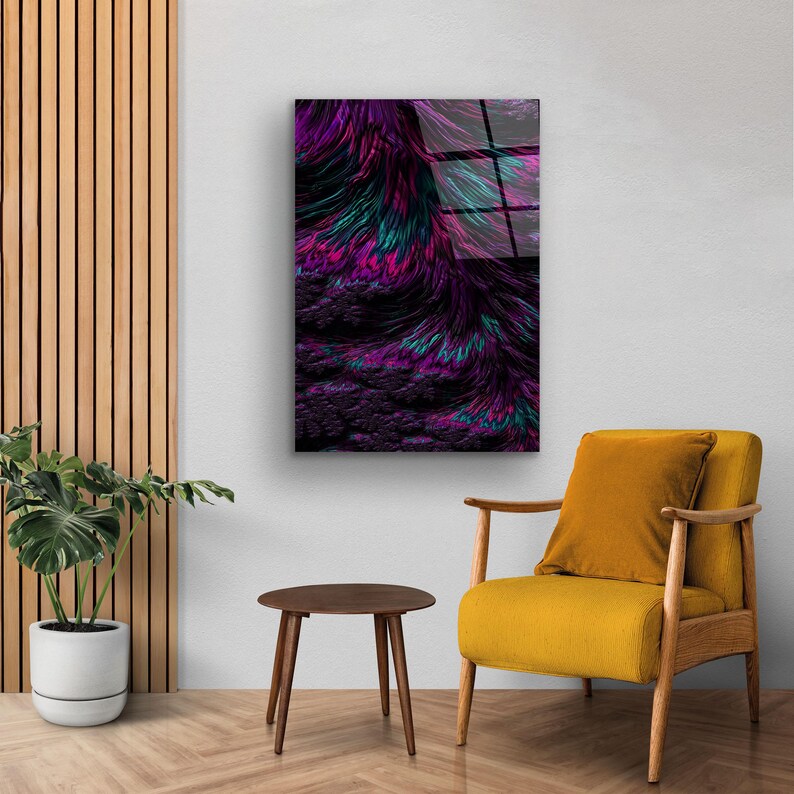 May include: Abstract wall art featuring a vibrant display of colors. The artwork showcases a blend of purple, teal, and black hues, creating a dynamic and textured visual effect. The piece is mounted on a wall, adding a modern touch to the room's decor.