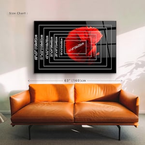 May include: Size chart for a red betta fish print on a black background. The chart shows the different sizes available, ranging from 14 inches by 9 inches to 60 inches by 37 inches.