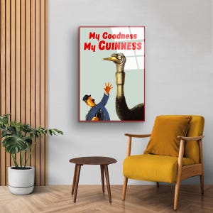 May include: A vintage Guinness advertisement featuring a cartoon man reaching out to a large ostrich with the text "My Goodness My GUINNESS".