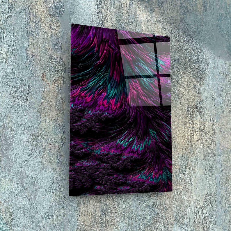 May include: Abstract art print featuring a vibrant display of colors. The artwork showcases a blend of purple, magenta, and teal hues, creating a dynamic and textured visual effect. The piece is mounted on a wall, adding a modern touch to the space.