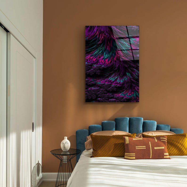 May include: Abstract art print featuring a vibrant display of colors. The artwork showcases a blend of purple, teal, and black hues, creating a dynamic and textured visual effect. The piece is mounted on a wall, adding a modern touch to the room's decor.