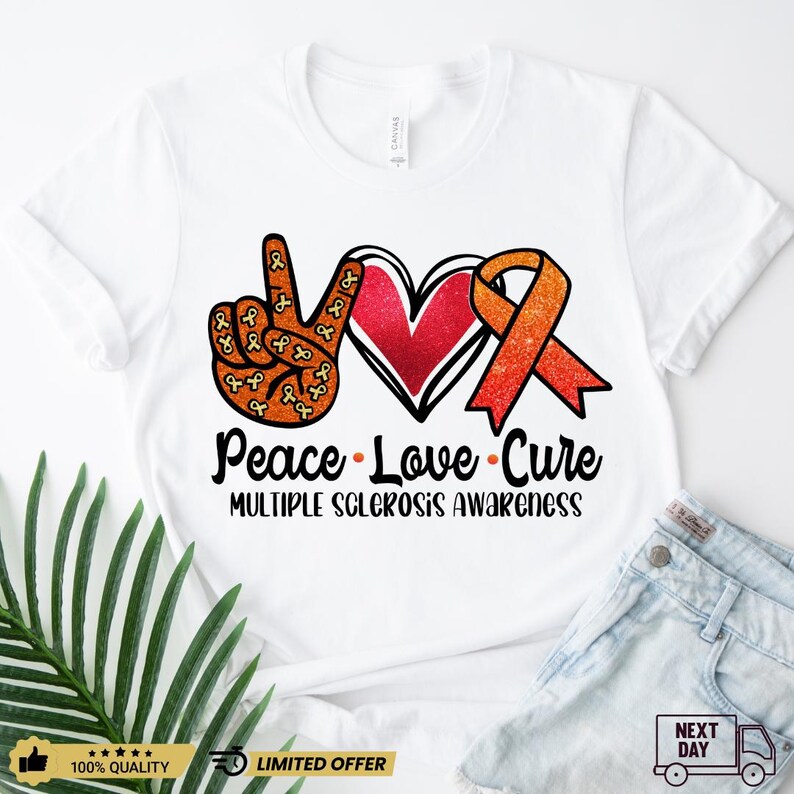 Camiseta "Paz, Amor y Cura" para la concienciación sobre la EM: Cinta naranja, camiseta para la concienciación sobre la EM imagen 3