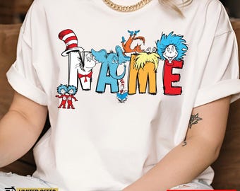 Camiseta personalizada con nombre del Dr. Seuss, camiseta de Dr. Seuss, camiseta de lectura, camiseta personalizada con nombre del Dr. Seuss, camiseta del Gato con Sombrero, camiseta de profesor