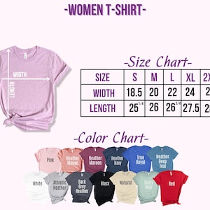 Puede incluir: Tabla de tallas para una camiseta de mujer con medidas en pulgadas. La tabla muestra el ancho y la longitud de la camiseta en las tallas S, M, L, XL y 2XL. Una tabla de colores muestra los diferentes colores en los que la camiseta est&aacute; disponible.