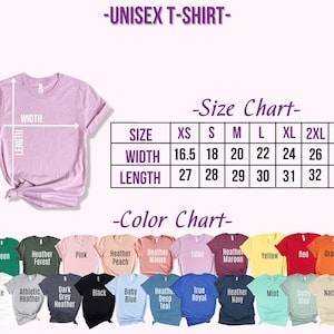 Puede incluir: Tabla de tallas para camiseta unisex con medidas en pulgadas para el ancho y la longitud. Carta de colores con 18 opciones de colores diferentes para la camiseta.