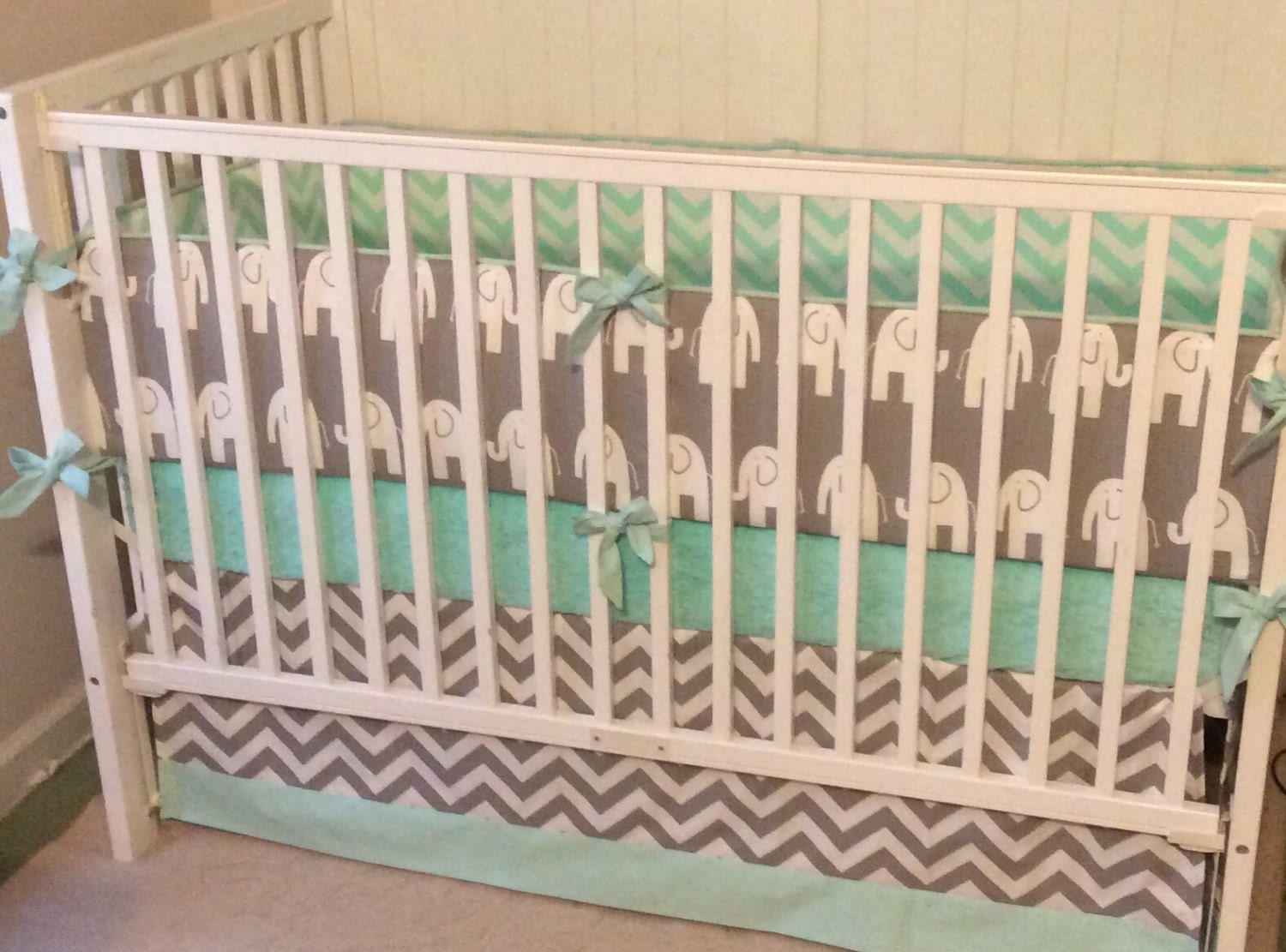 Crib Bedding Set Gray Mint Green Elephant Etsy