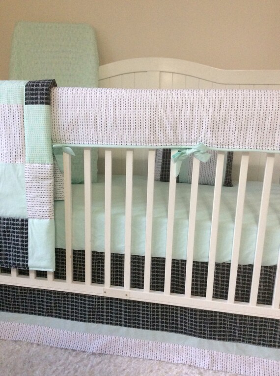 Boy Crib Bedding Set Ready To Ship Mint White And Black Gray Etsy