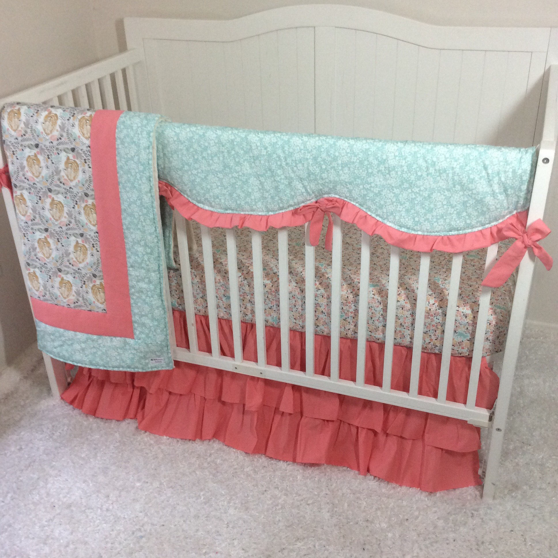 Baby Girl Crib Bedding Set Floral Fawn in Coral and Mint Etsy
