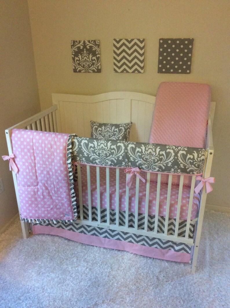 Baby Girl Crib Bedding Set Pink and Gray Damask and Polka Dots Etsy