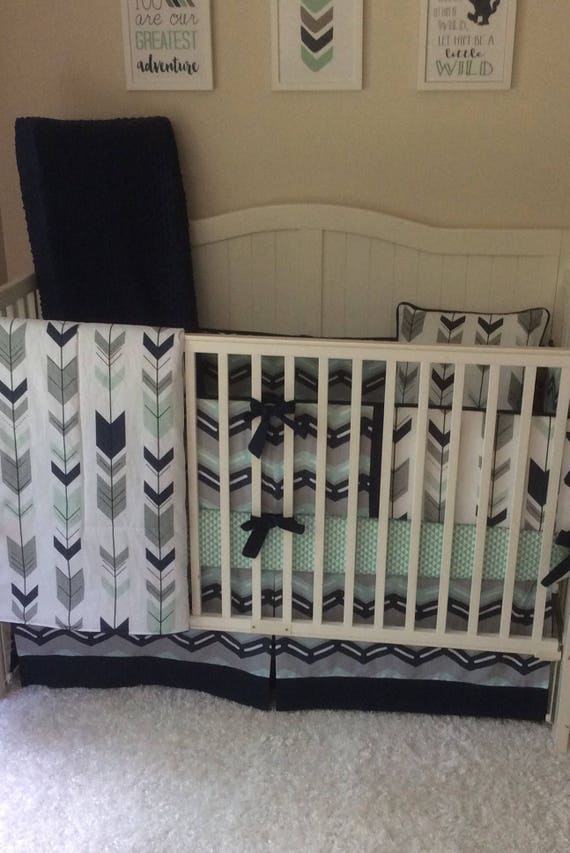 Baby Boy Crib Bedding Set Navy Mint and Gray Arrows Complete Etsy
