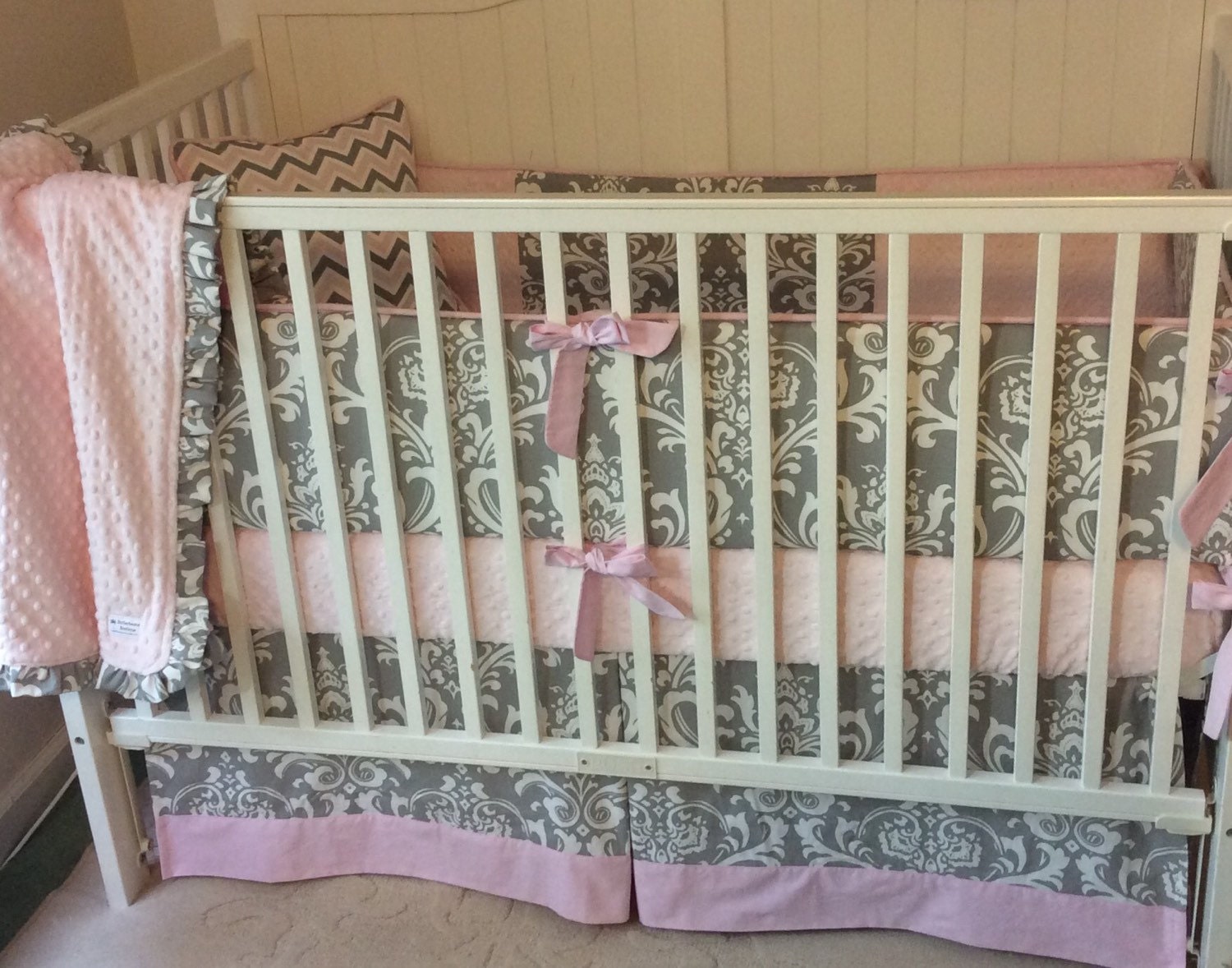 Light Pink and Gray Baby Girl Crib Bedding with Damask Etsy